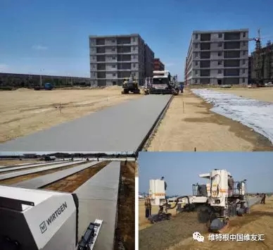 上:攤鋪完的廠房地坪混凝土板;下左:安裝在機(jī)身后部伸長臂上的超級抹平器,對混凝土表面進(jìn)行進(jìn)一步修復(fù)和處理;下右:一臺 SP 25 滑模攤鋪機(jī)即可整合所有傳統(tǒng)施工步驟,實現(xiàn)同步一體化作業(yè)